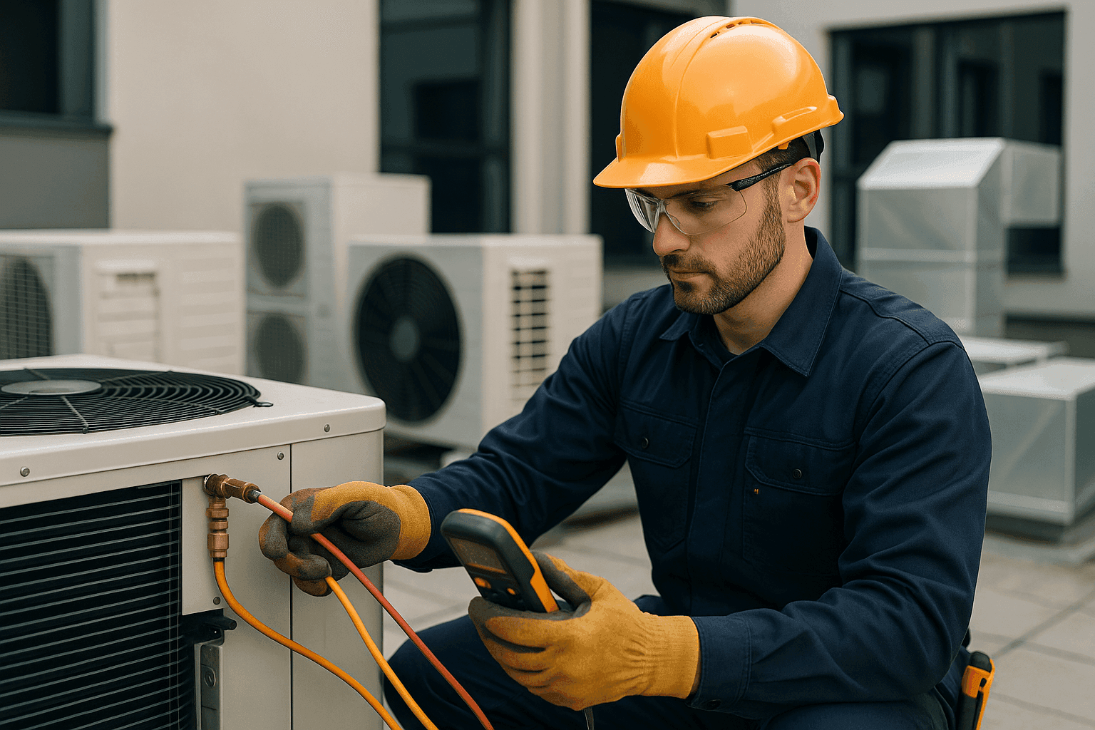 HVAC technician in PPE working on HVAC components at a clean commercial building site